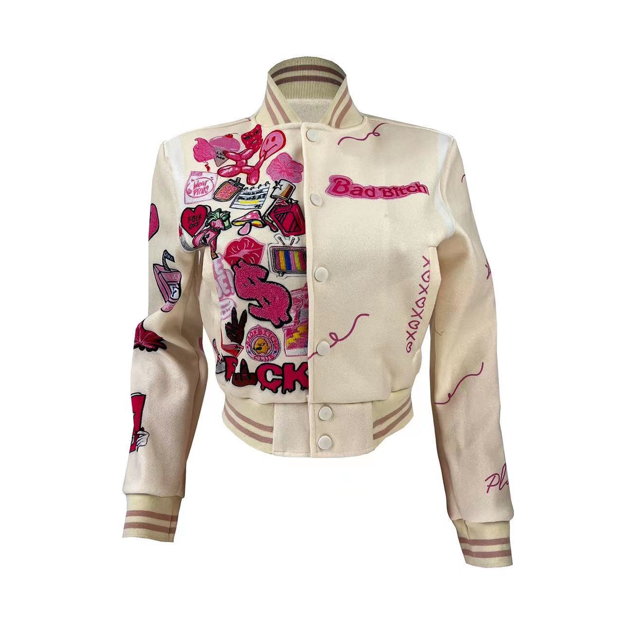 Women's Fashion Printed Button-pressing Baseball Jacket